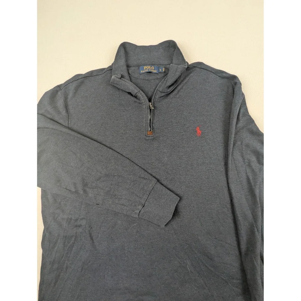 Polo Ralph Lauren Mens Large Navy Blue Heather Quarter Zip Cotton Pullover Logo